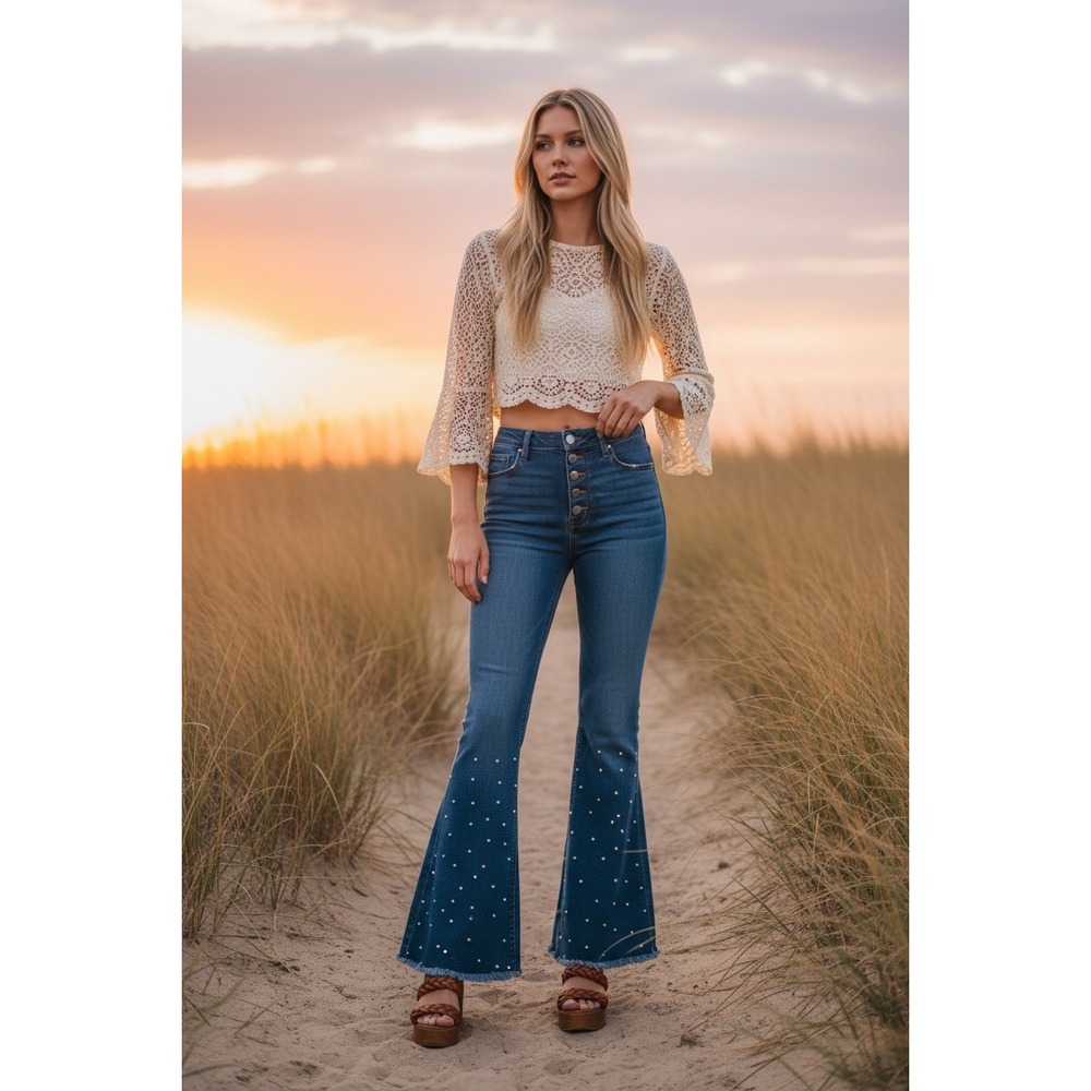 Pearl Embellished High Rise Flare Jeans Medium Wash Button Fly Bell Bottoms
